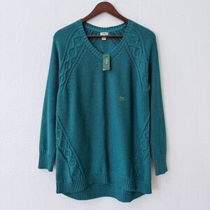 L.L. Bean Women's Size Large Teal V Neck Cable Knit Pullover Sweater Brand New